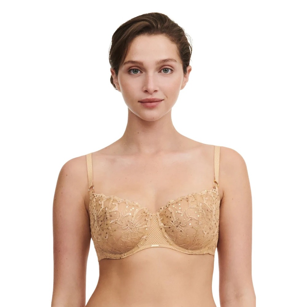 Chantelle C12Q50 Fleurs Demi Underwire‎ Bra Toffee Sequins 34D Beige See Through